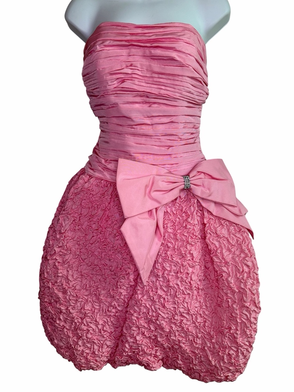 VINTAGE LESLIE FAY EVENINGS Pink Strapless Bubble Dress with Bow Ruched Bodice 6